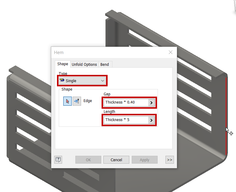 Shape, select edge, type, for hem sheet