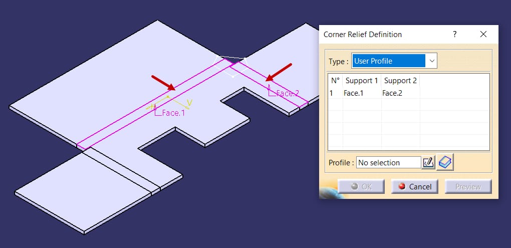 Bends indicated in the figure as Support 1 and Support 2.